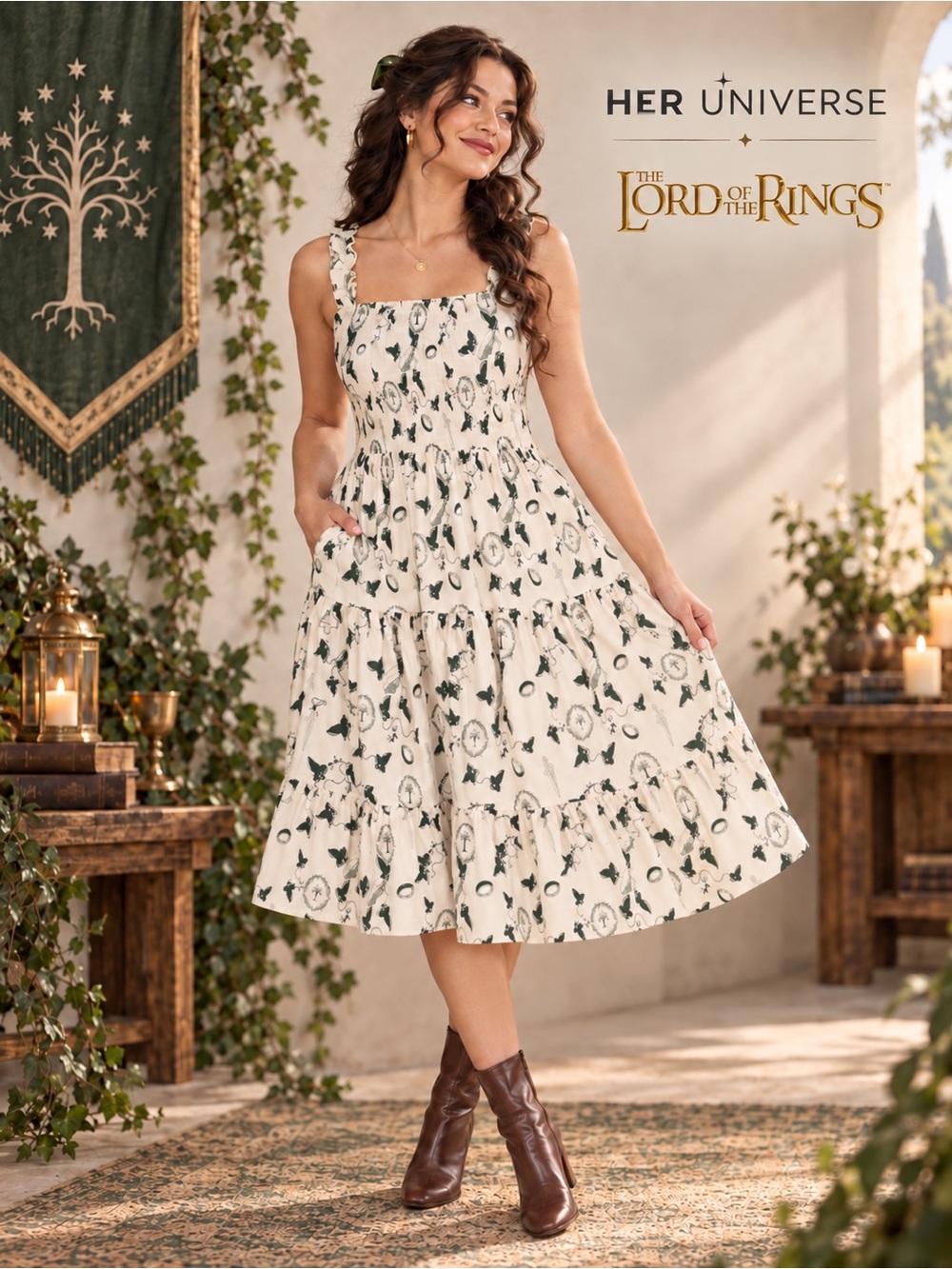 Her Universe LOTR Icons Ruffle Midi Dress Size 1 NWT Smocked Pockets plus size
